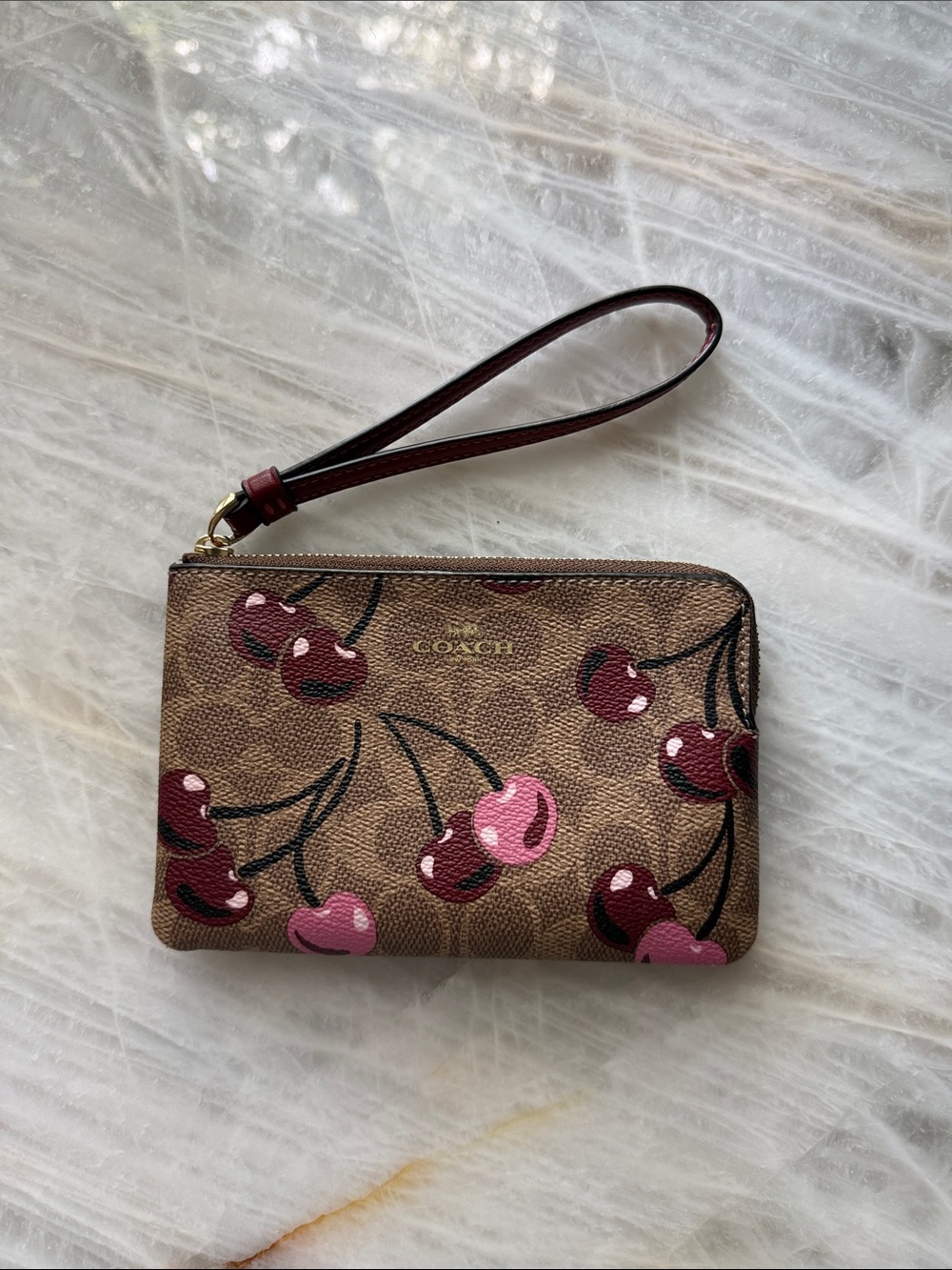Coach Signature Canvas Cherry Print Corner Zip Wristlet NWT